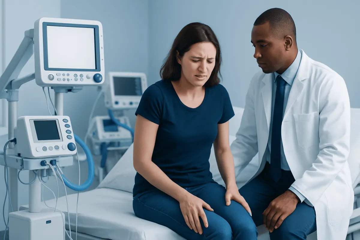 Patient experiencing thigh pain during medical consultation at hospital.