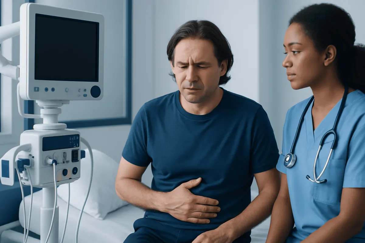Symptoms and how they may feel — abdominal pain with bloating and constipation