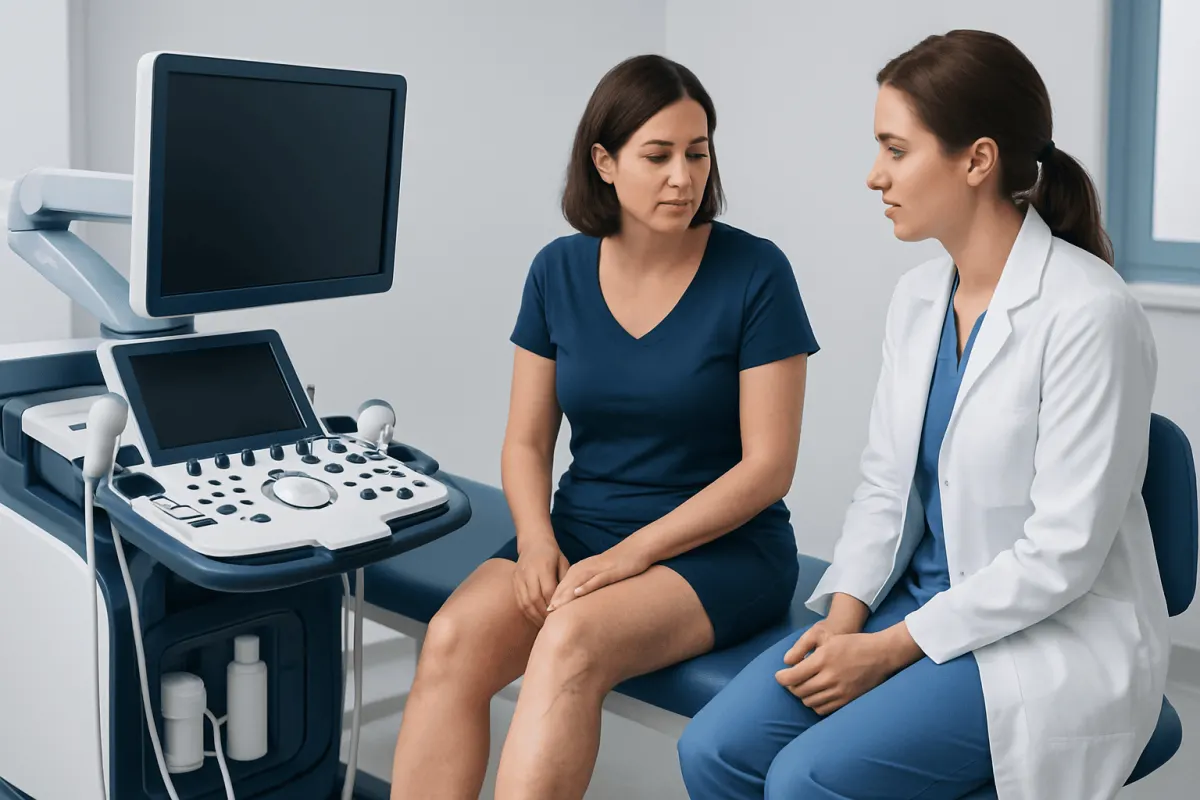 Doctor consulting patient about varicose veins in a medical clinic.