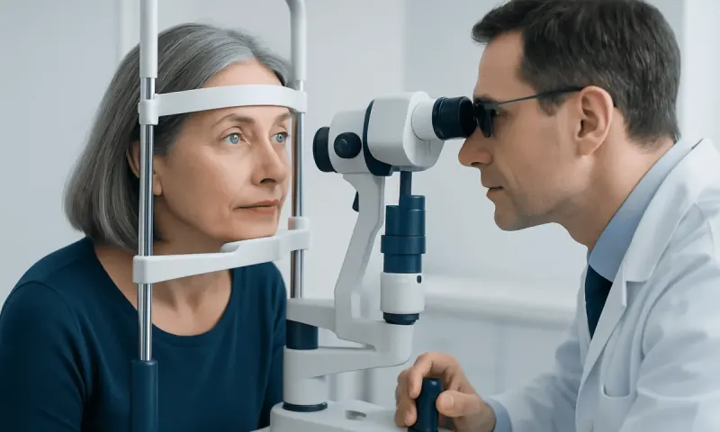 Ophthalmologist examining an elderly woman's eye with a slit lamp.