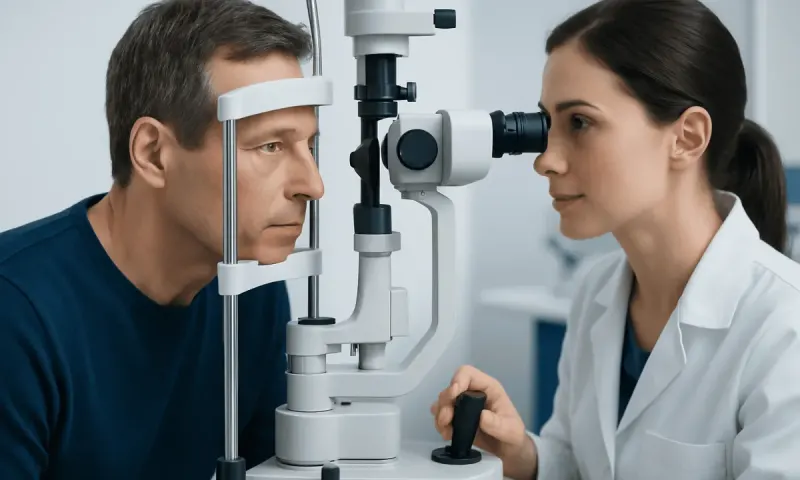 Ophthalmologist examining patient's eye with slit lamp at Acibadem Hospital.