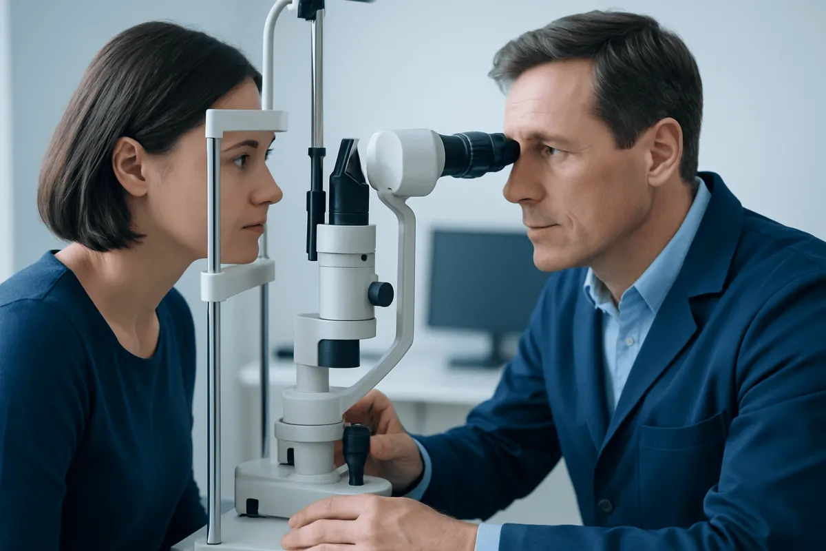 Neuro-ophthalmologist examines patient's eye with slit lamp and microscope.