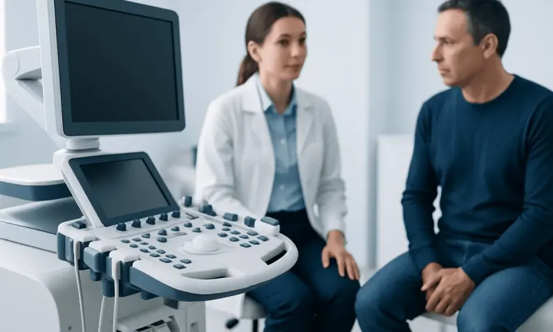 Doctor and patient discussing ultrasound results in a medical clinic.