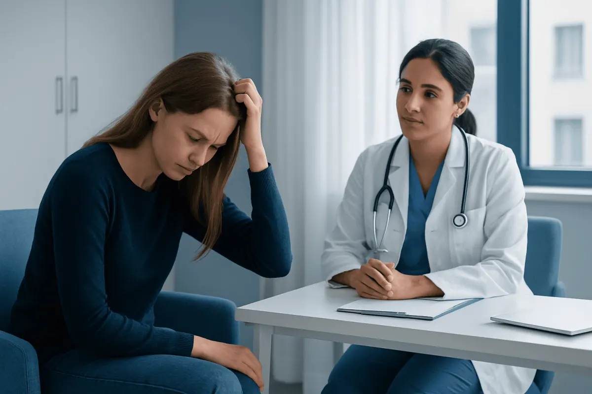 Doctor consulting with a patient about hair loss or scalp issues.