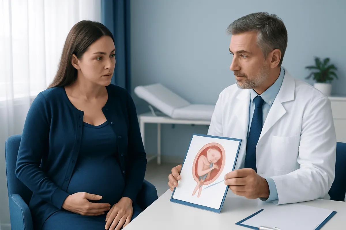 Doctor explaining fetal ultrasound image to pregnant woman in consultation room.
