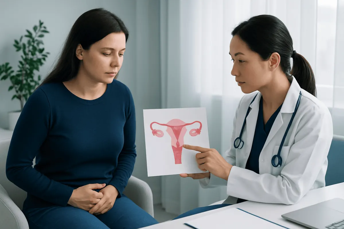 Gynecologist explaining ovarian anatomy to patient with diagram.