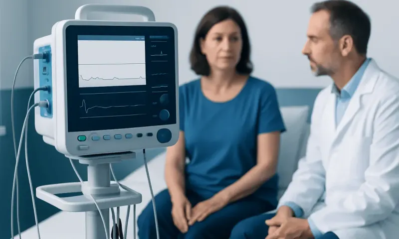 Doctor and patient discussing heart monitor readings in a hospital setting.