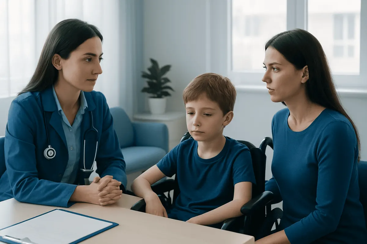 Pediatric consultation with a doctor and mother in a hospital setting.