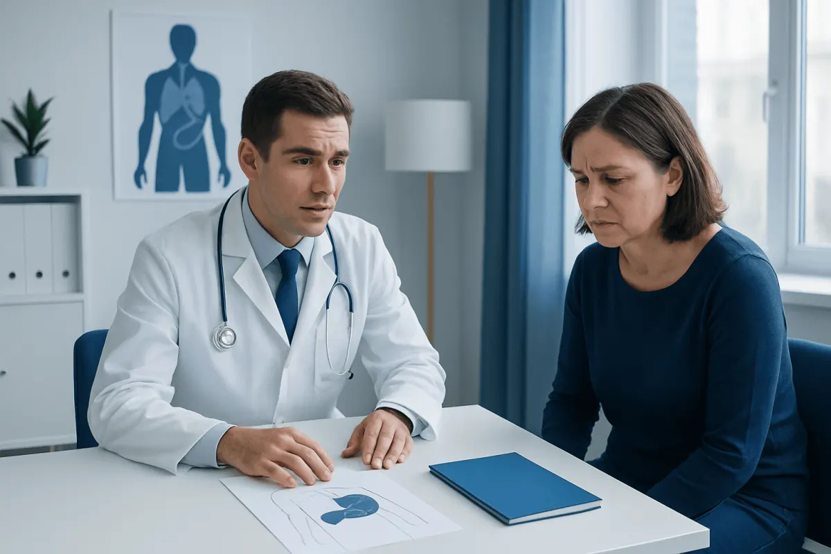 Doctor consulting with a patient about medical condition in a clinic setting.