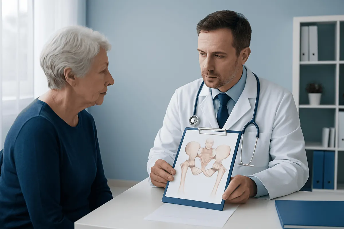 Doctor explaining pelvic fracture to elderly woman with X-ray image.