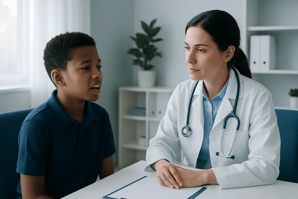 Doctor consulting with a young patient in a medical office.
