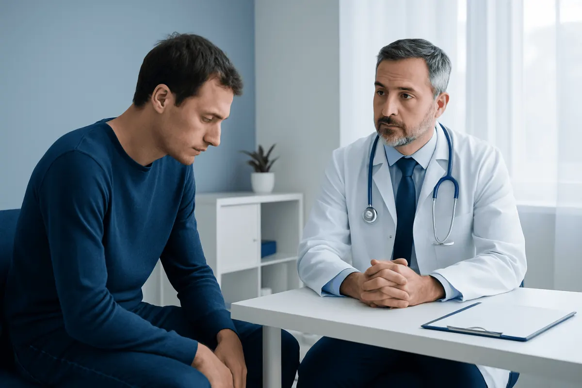 Doctor consulting with a male patient in a medical office.
