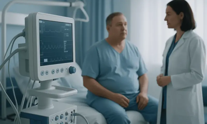 Patient and doctor discussing health in hospital room with medical monitor.