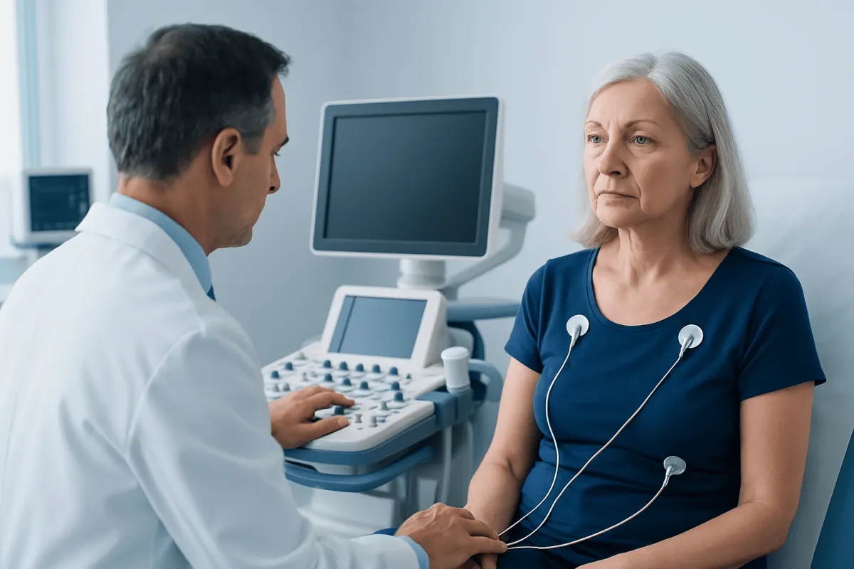 Doctor performs echocardiogram on senior woman in hospital.