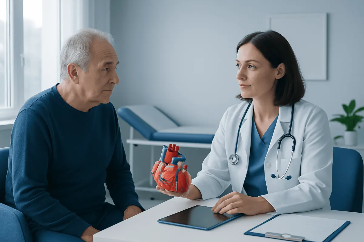 Cardiologist explaining heart health to an elderly patient with a model of the heart.