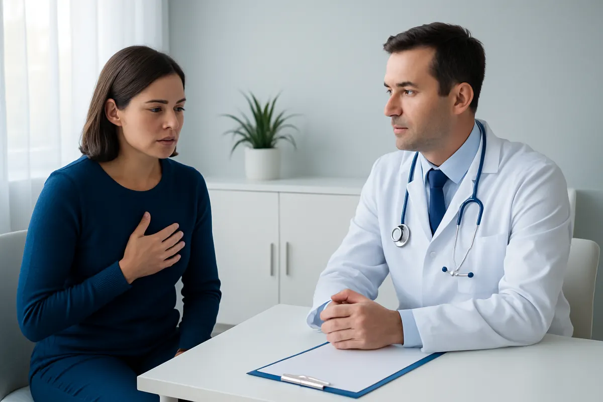 Doctor consulting with a female patient in a medical office setting.