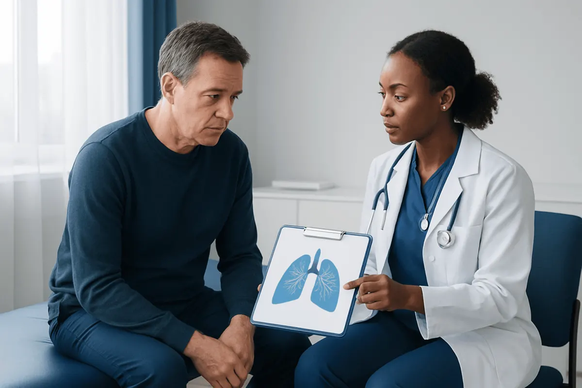 Doctor explaining lung health to a patient with a lung diagram.