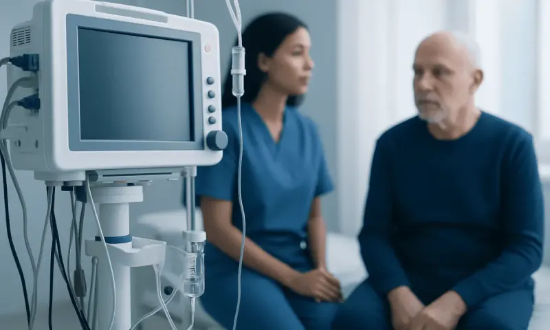Medical professional consulting an elderly patient in a hospital room.