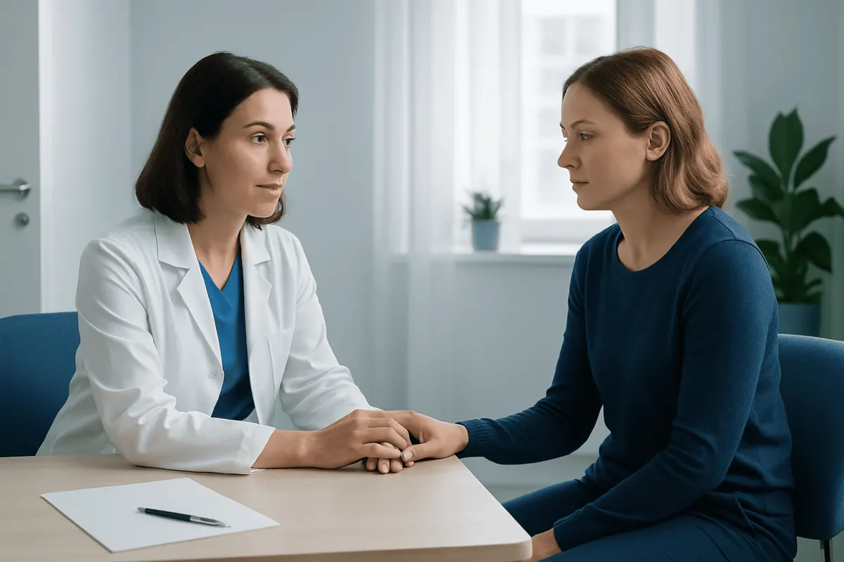Doctor and patient holding hands during consultation at hospital.