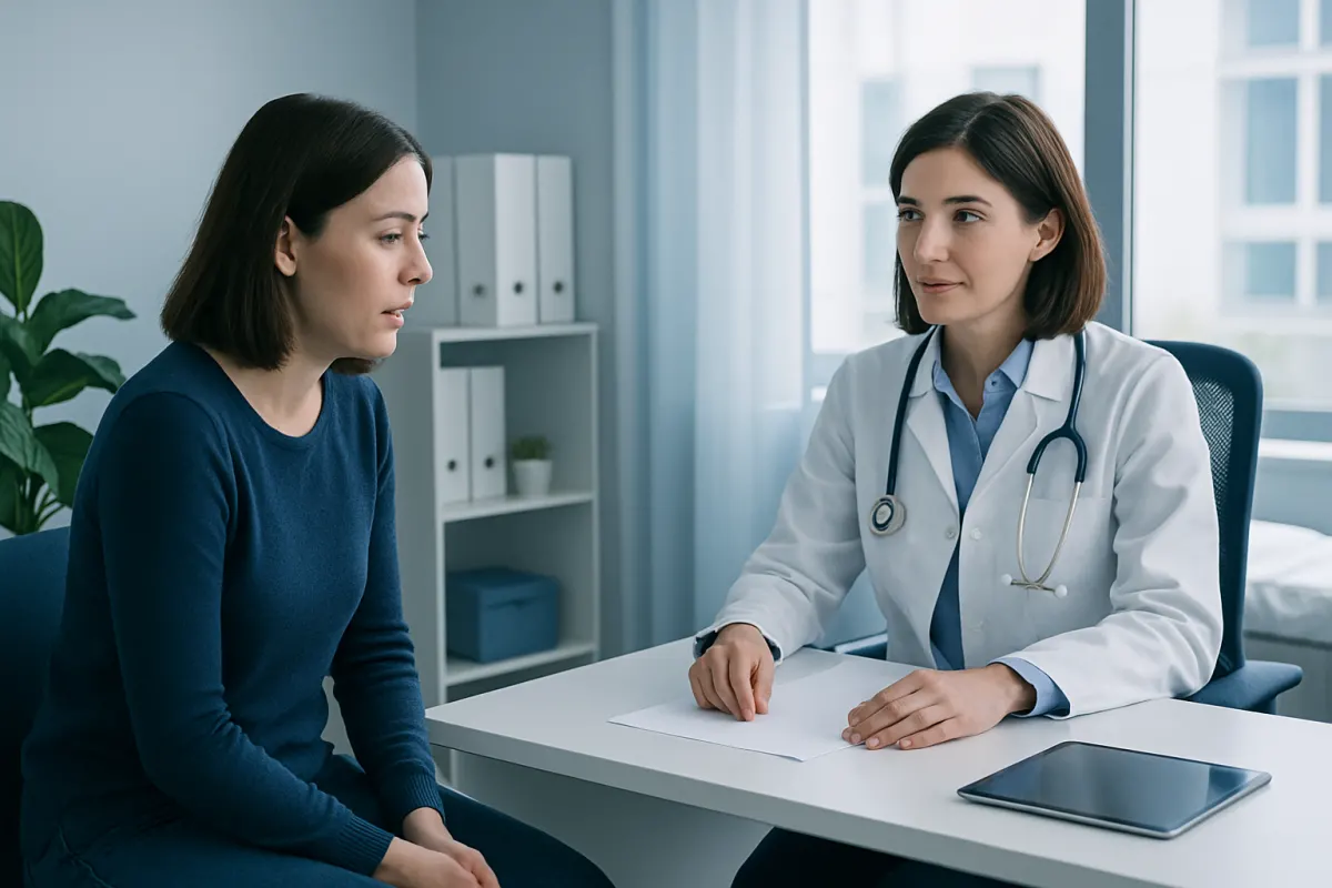 Doctor consulting patient about health concerns in a modern clinic setting.