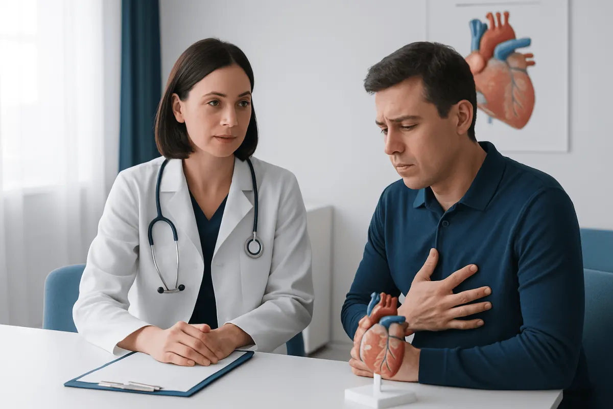 Doctor explaining heart health to patient with heart model in clinic.