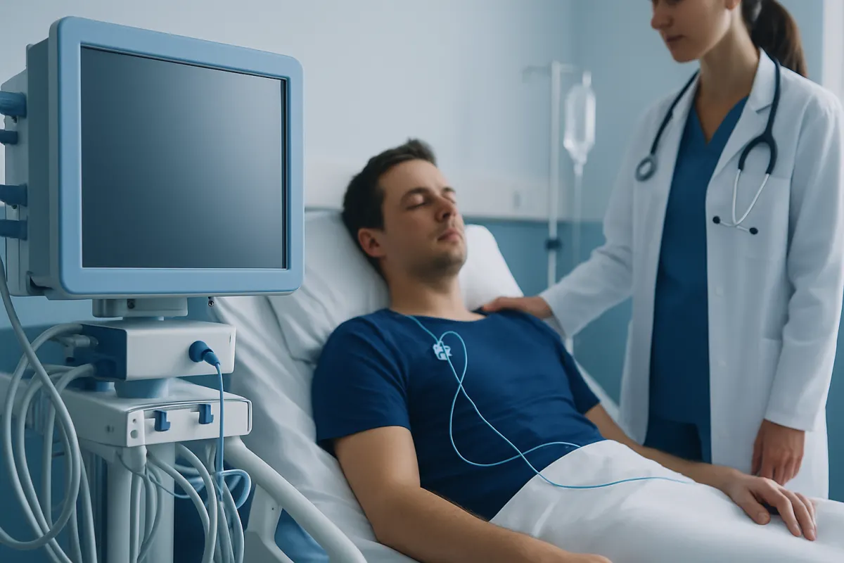 Patient in hospital bed connected to monitoring equipment with doctor nearby.