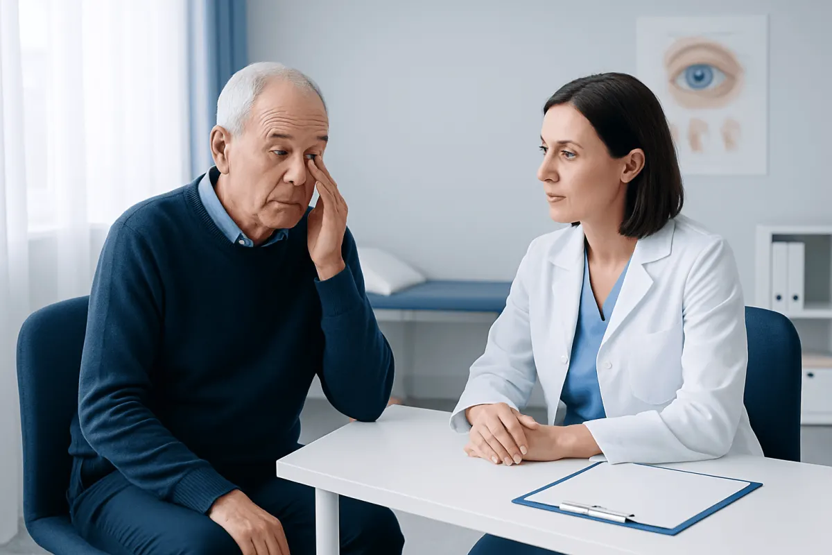 Ophthalmologist consulting with elderly patient about eyelid issues.