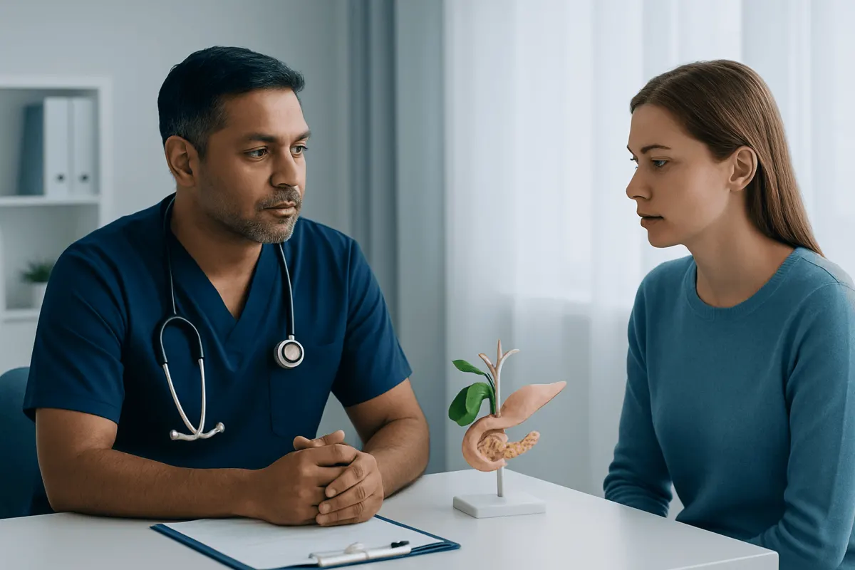 Doctor explaining hepatopancreatic anatomy to patient with model.