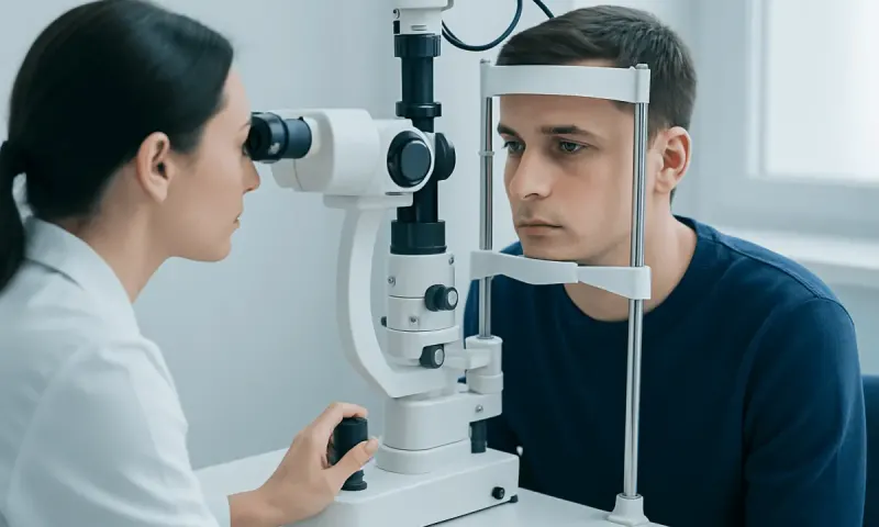 Optometrist examines patient's eyes with slit lamp in clinic.