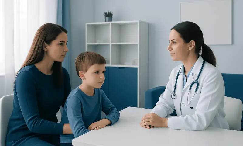 Doctor consulting with mother and child in a medical office.