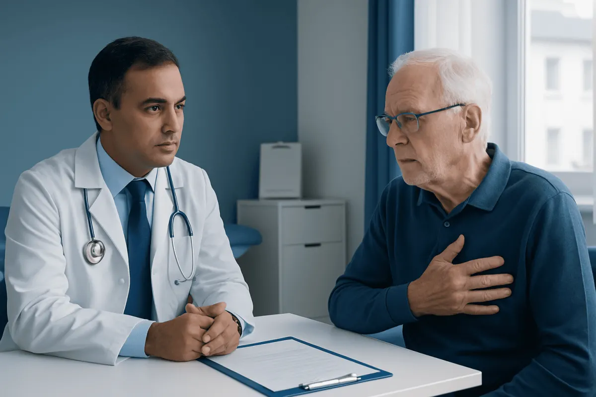 Doctor consulting with an elderly patient in a medical office.
