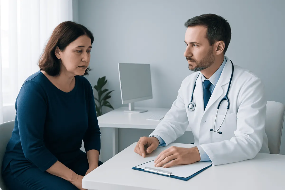 Doctor consulting with a female patient in a medical office setting.