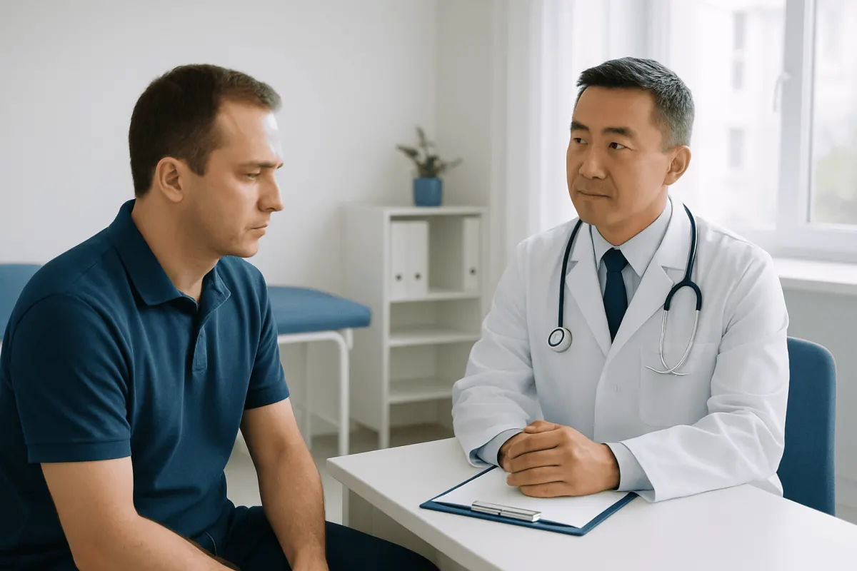 Doctor consulting with male patient in a medical office.