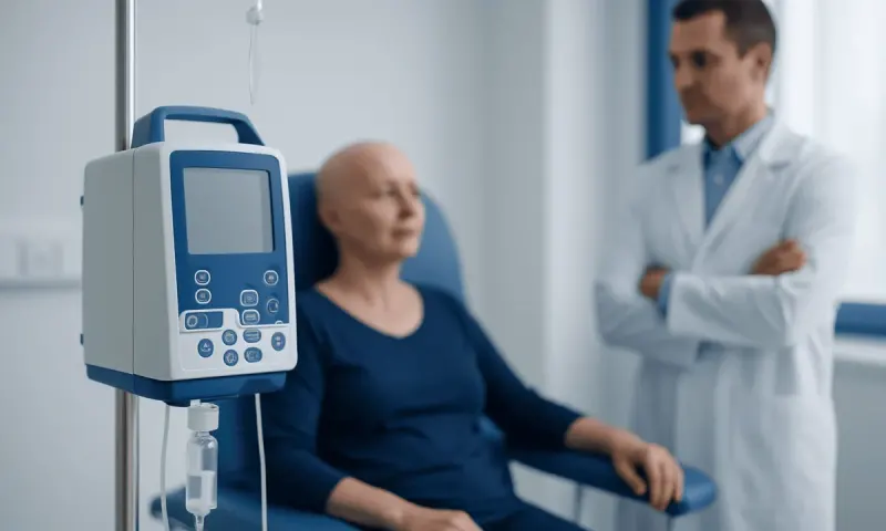 Patient in hospital bed with IV drip and medical staff in background.