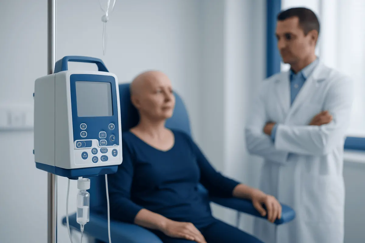 Patient in hospital bed with IV drip and medical staff in background.