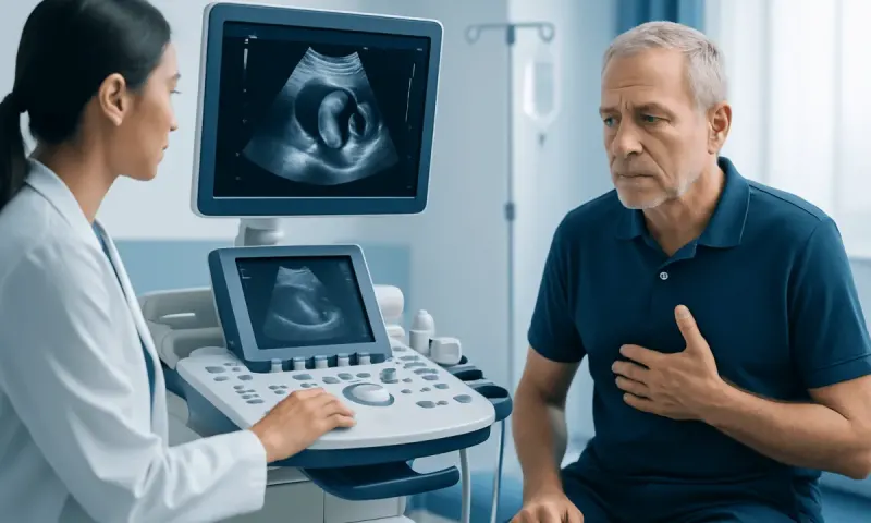 Doctor explaining ultrasound results to a patient in a medical clinic.