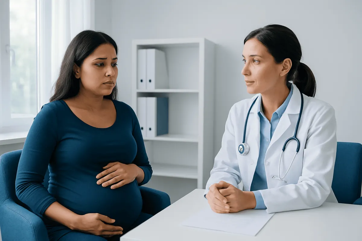 Pregnant woman consulting with a doctor about blood health in a hospital setting.