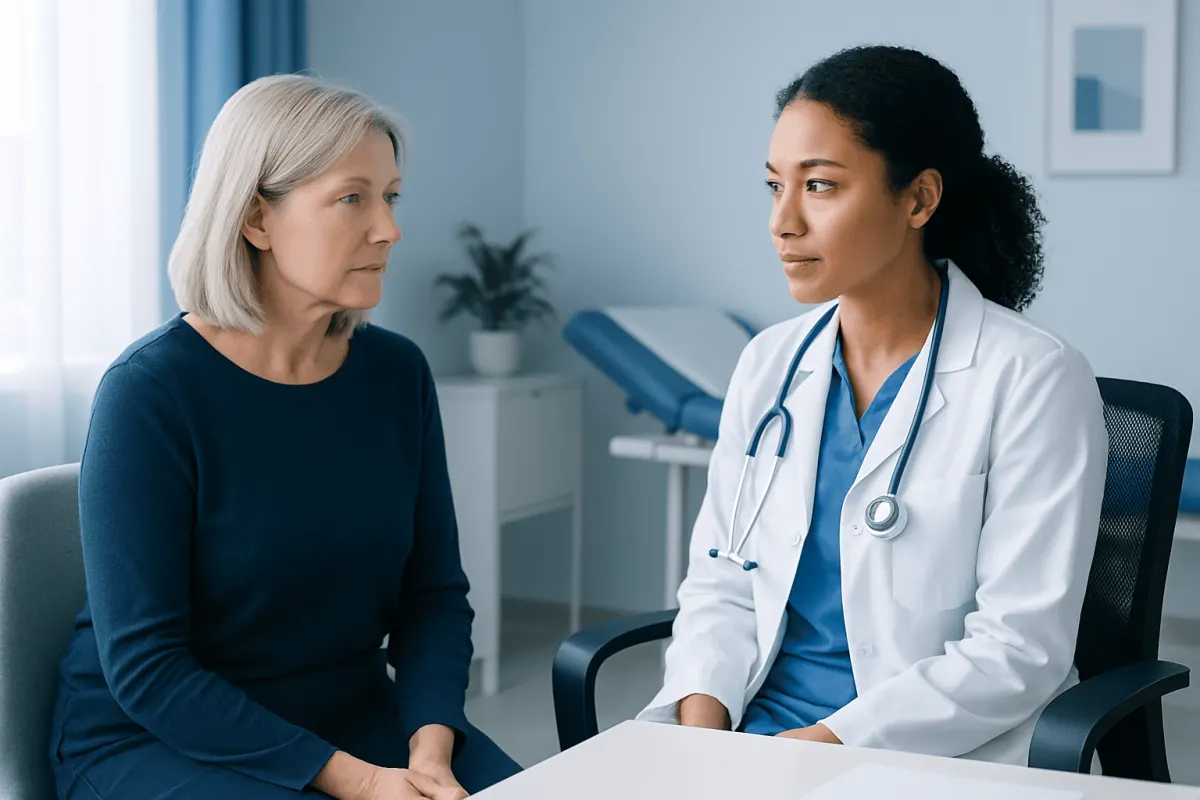 Doctor consulting with a middle-aged woman in a medical office.