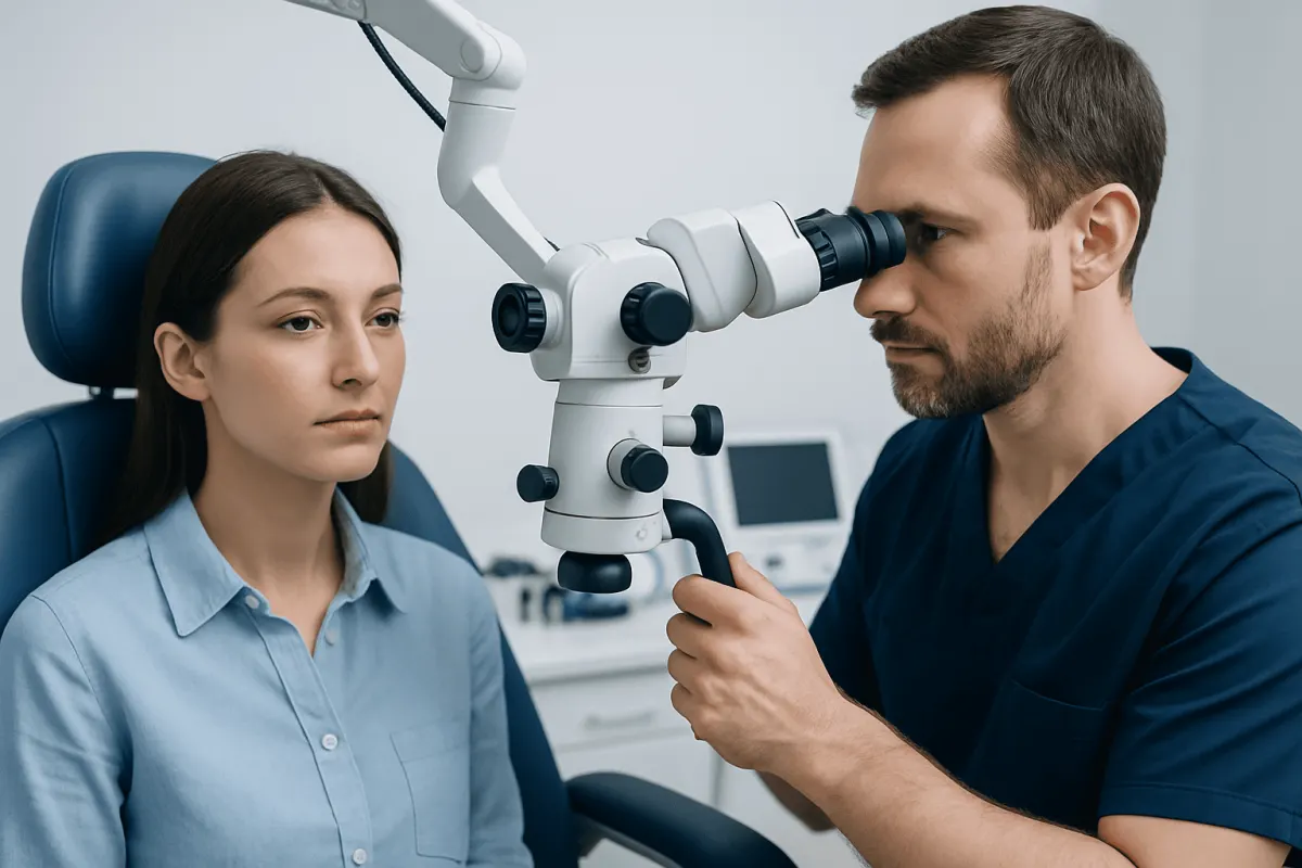 Otologist examining a patient with a microscope in a clinical setting.
