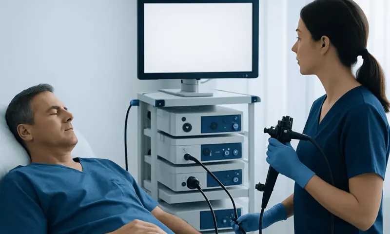 Urologist preparing for cystoscopy procedure in hospital.