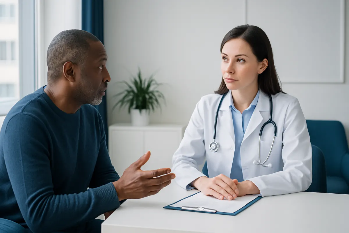 Doctor consulting with patient in a medical office setting.