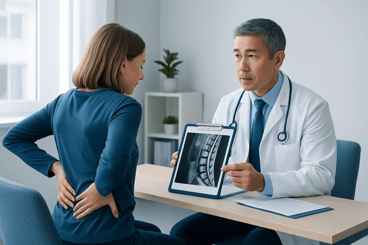 Doctor explaining spinal MRI results to a patient in a clinic setting.