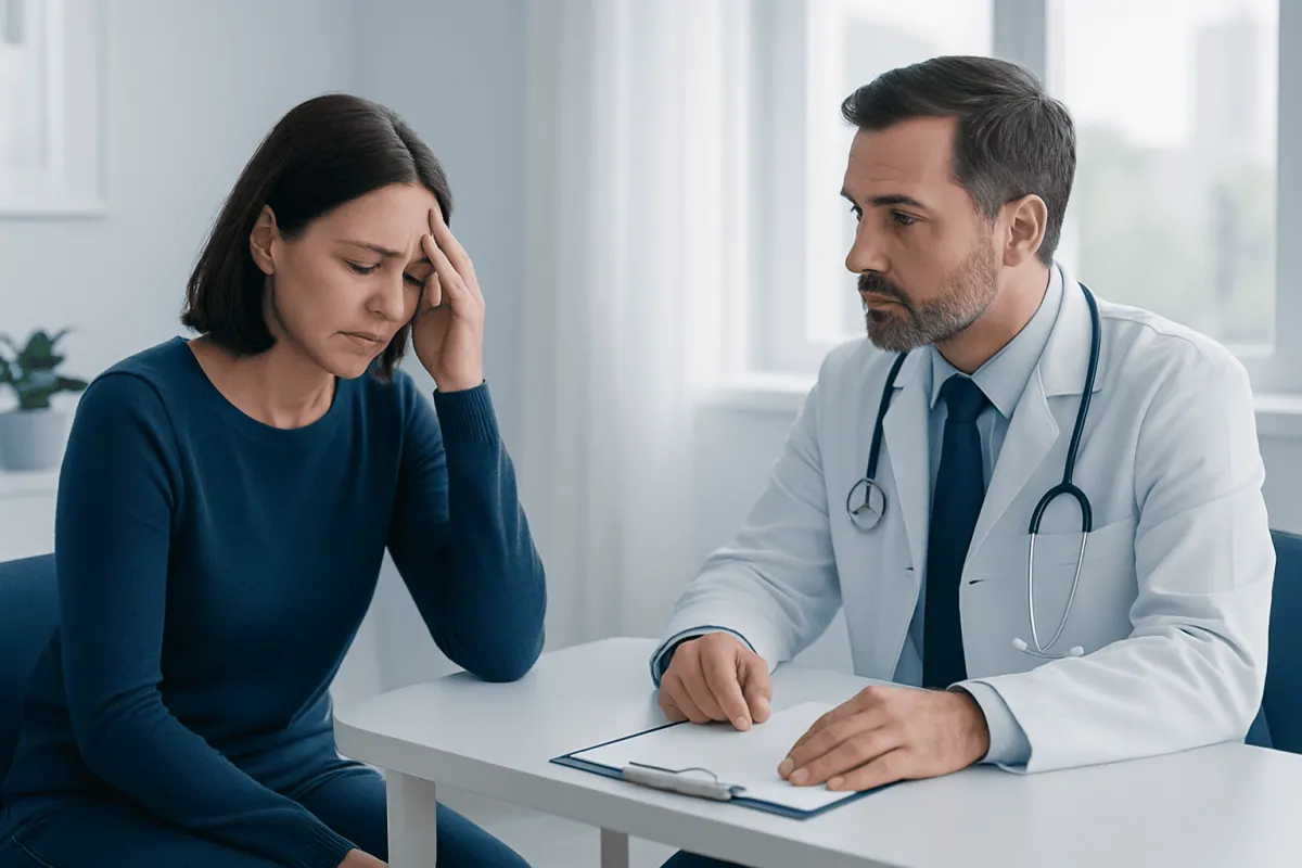 Doctor consulting with a woman experiencing headache symptoms.