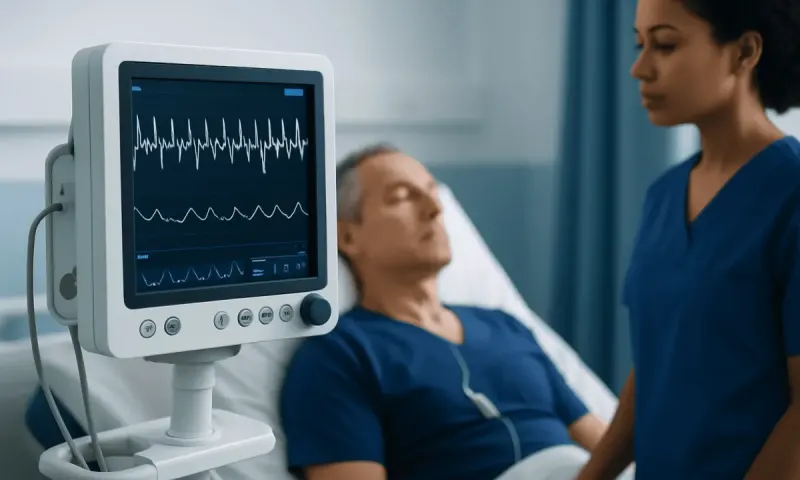 Patient monitored with ECG machine in hospital setting.