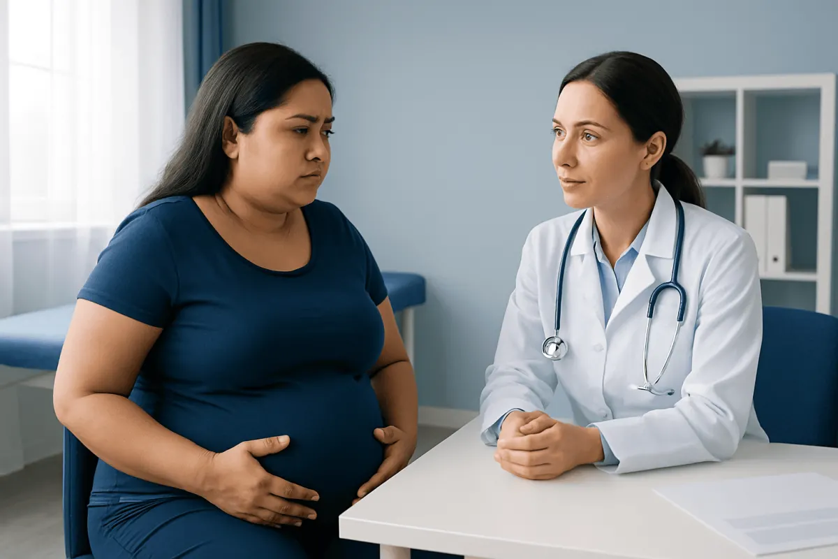 Doctor consulting pregnant woman in a medical office.