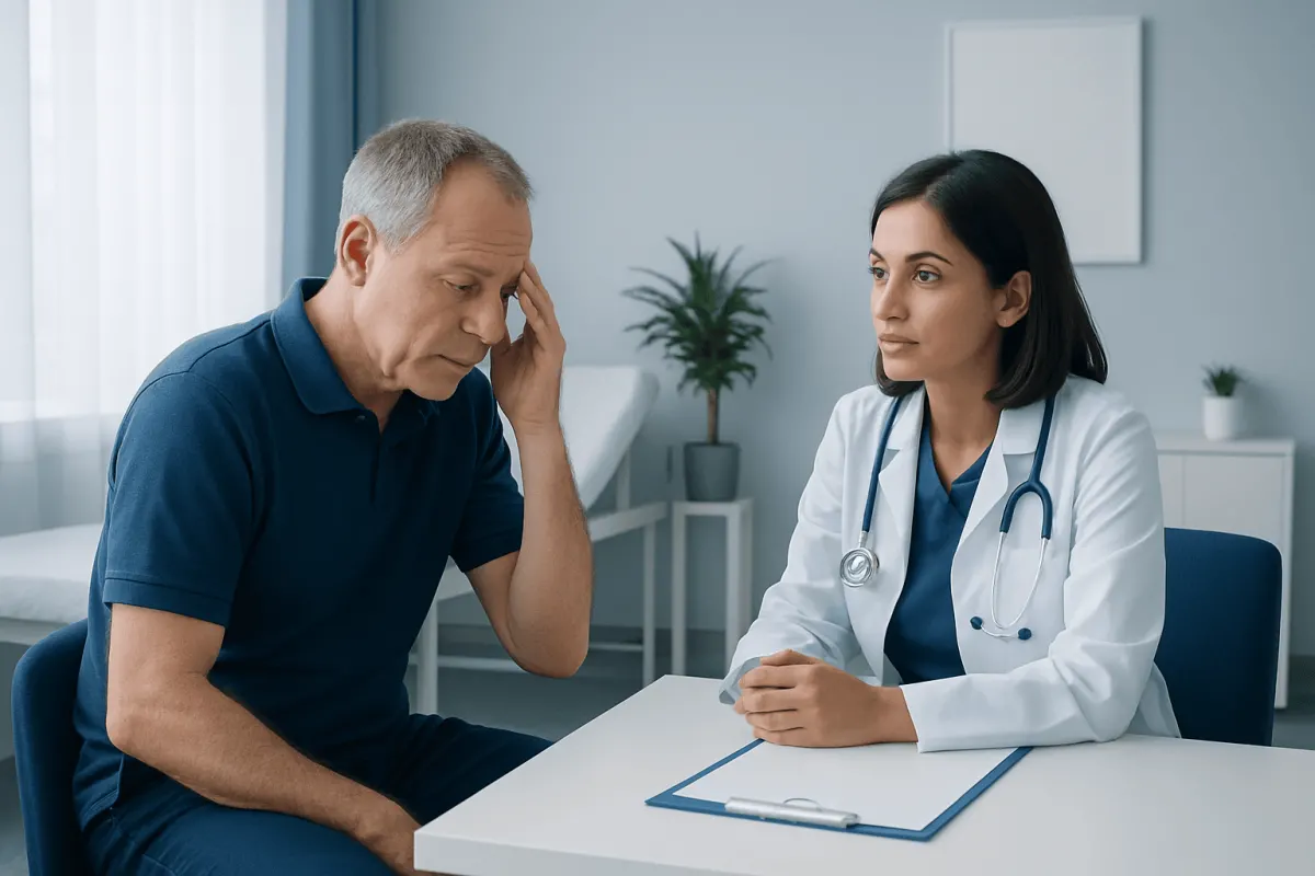 Patient consulting with a doctor about stroke symptoms in a medical office.