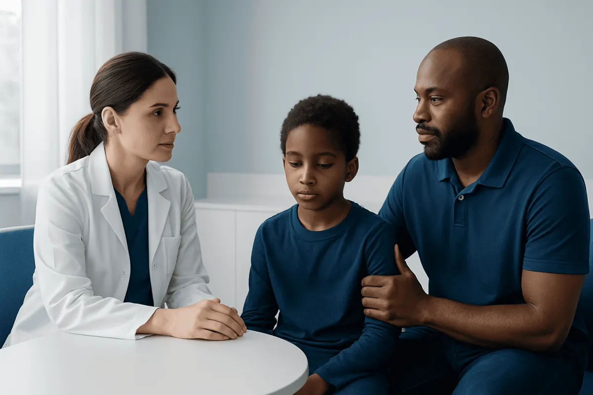 Doctor consulting with a young boy and his father in a medical office.