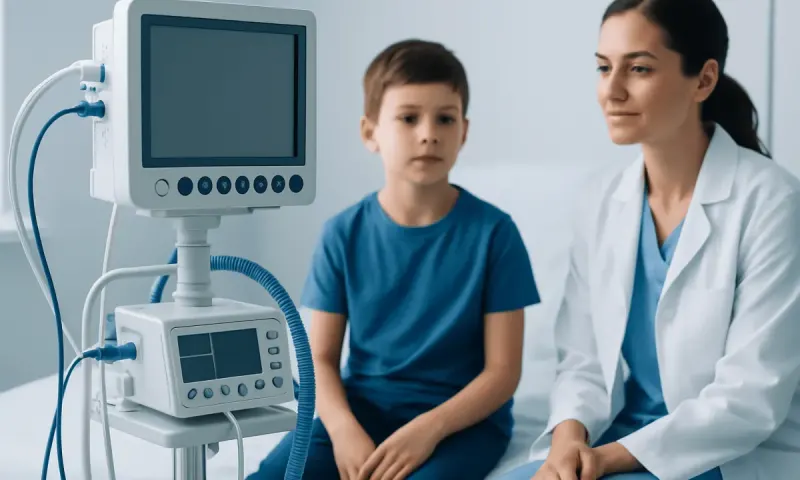Pediatric doctor with young patient in hospital room with medical monitor.