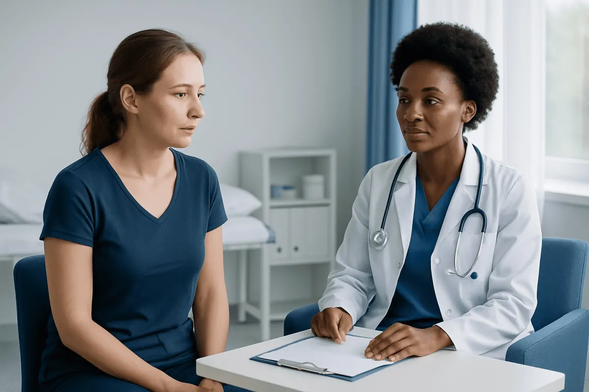 Doctor consulting with a patient about underarm lumps in a medical office.