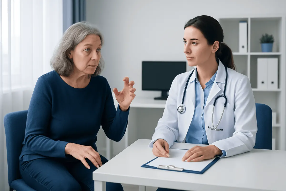 Doctor consulting with an elderly woman in a medical office.